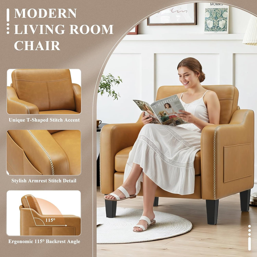 MALOL PU Leather Accent Chair Set of 2 with Solid Wood Frame, Brown