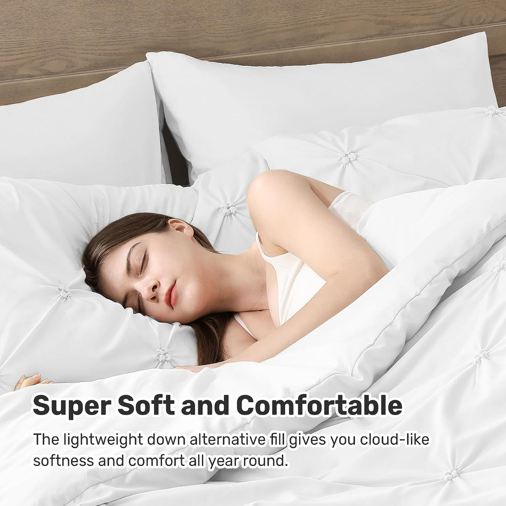 UNIKOME King Size Comforter Set White - Ultra Soft Boho Pintuck Down Alternat...