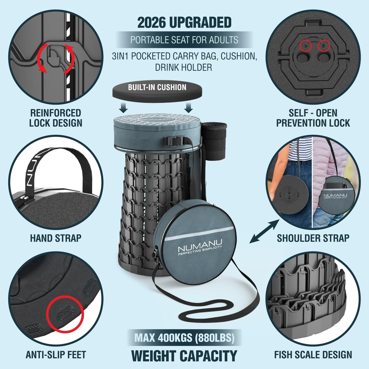 NUMANU XXL Lite Collapsible Stool, 3-in-1 Cushion + Bag, 880 lbs, Round