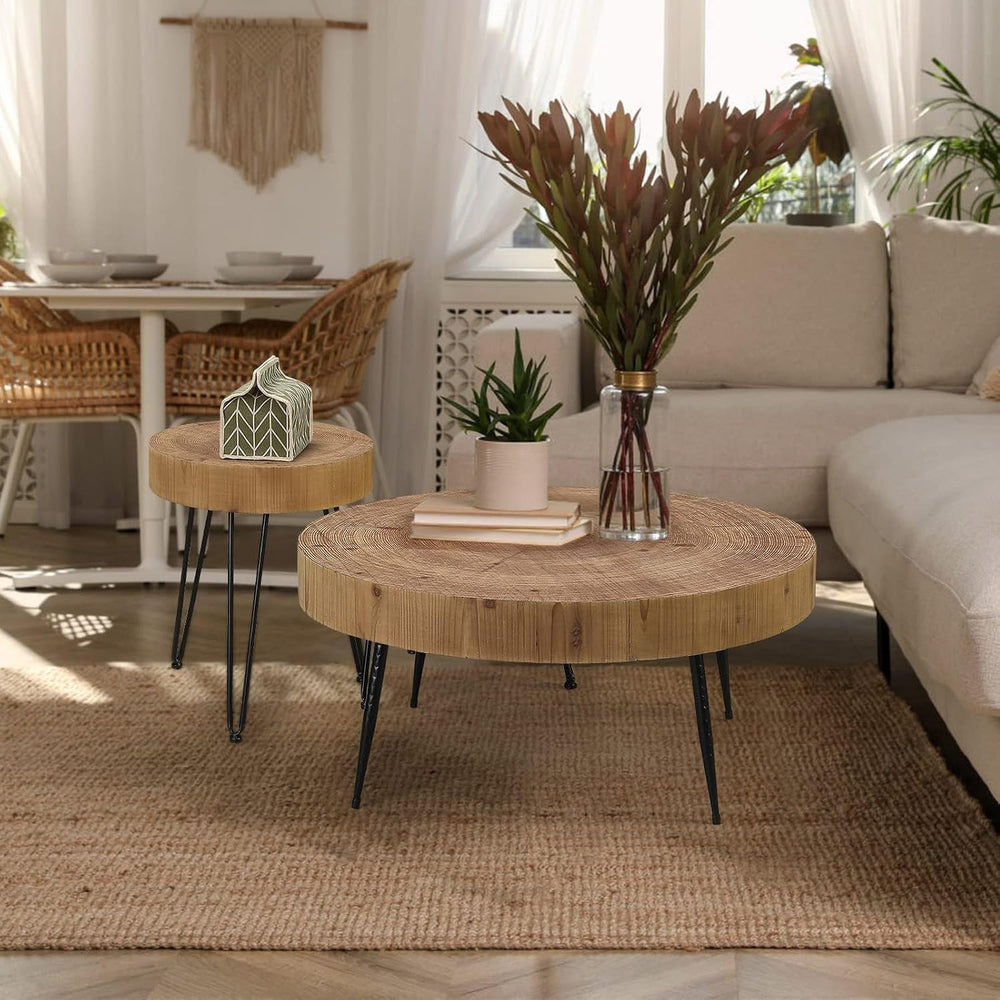 RUSTOWN Farmhouse Round Coffee Table Set of 2, Cocktail Table Sets