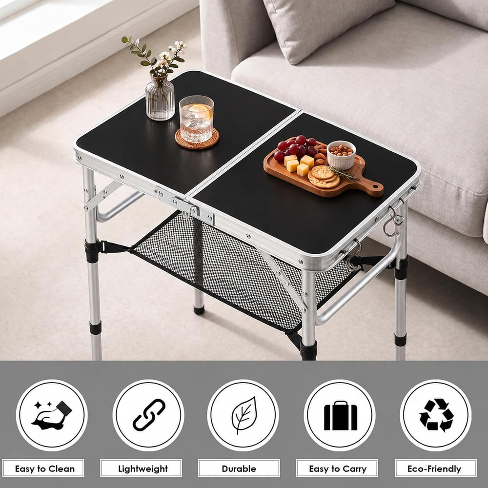 Folding Picnic Table 2ft Portable Camping Table Adjustable Heights, Black