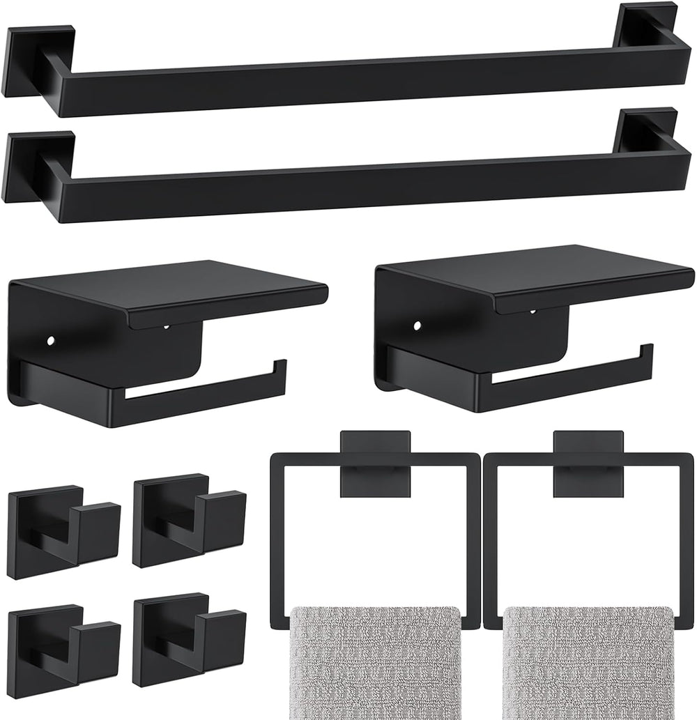Matte Black Bathroom Hardware Accessories Set 10-Pieces Black Towel Bar Set S...