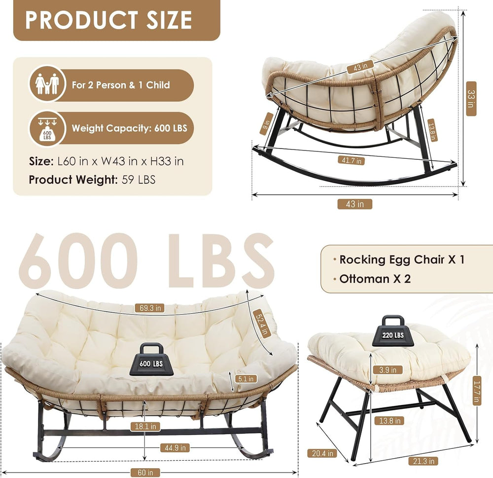 RADIATA Double Egg Rocking Chair with Ottomans, Papasan Lounger Chairs