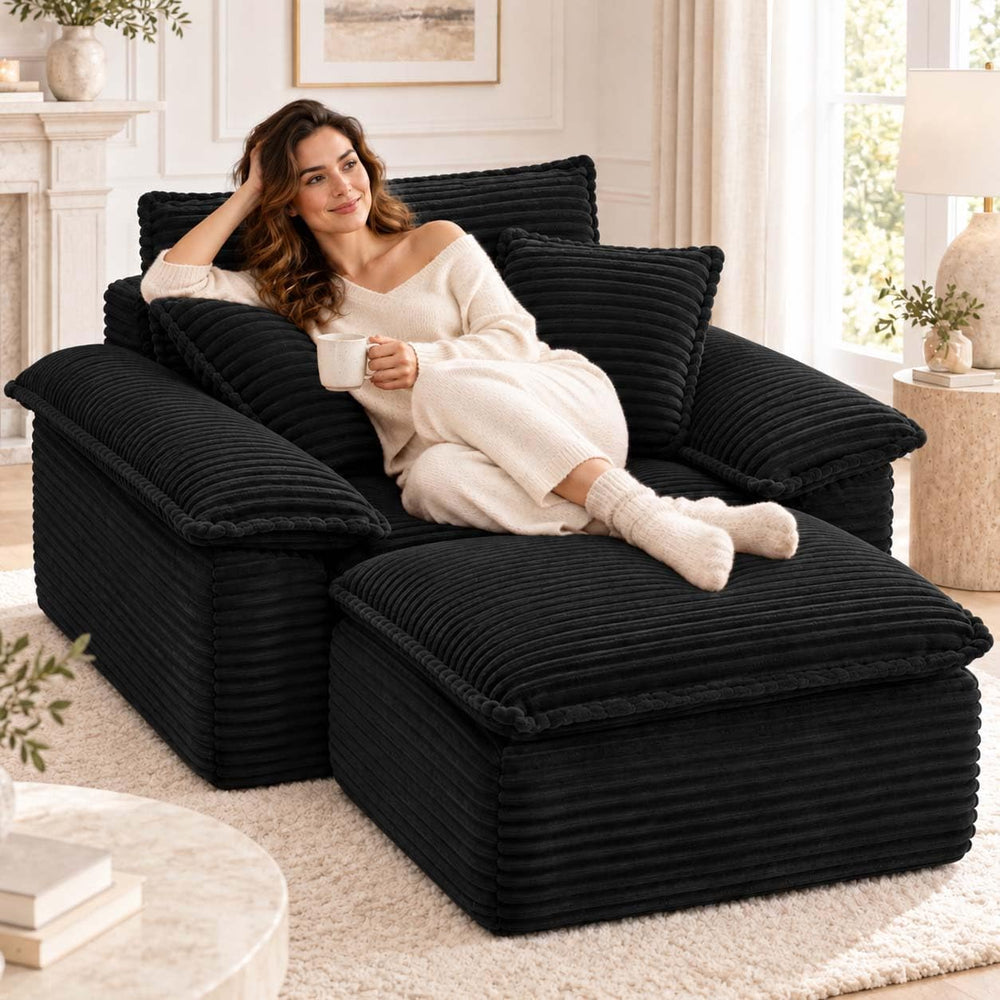 Black Oversized Chair with Ottoman, Boneless Corduroy Reading Chair