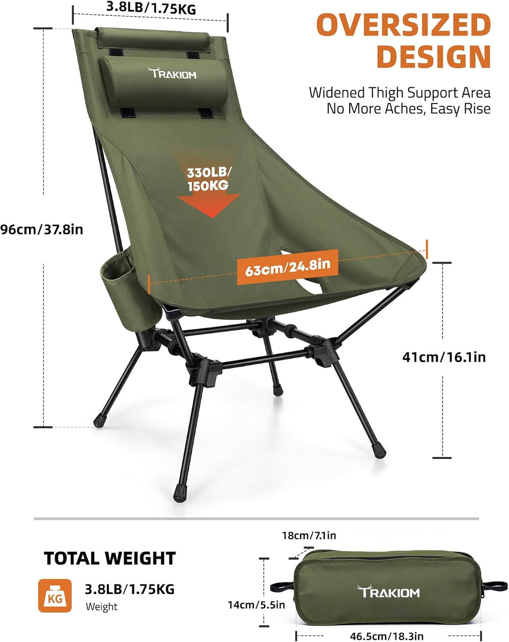 Trakiom High Back Camping Chair with Head/Neck Support Widened Seat, Green