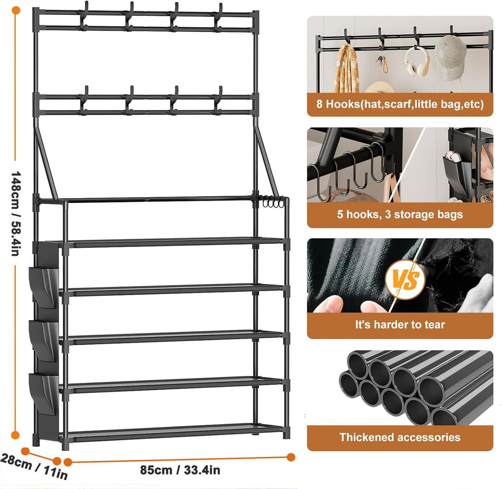 OYREL Shoe Rack, 5 Tier Shoes Storage Organizer with Hooks and Side Pocket