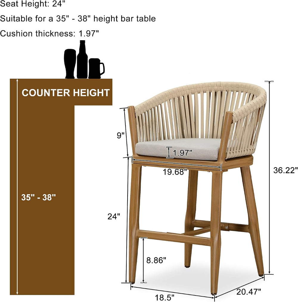 PURPLE LEAF Outdoor Patio Counter Stool Set of 2 Woven Rattan Teak Aluminum