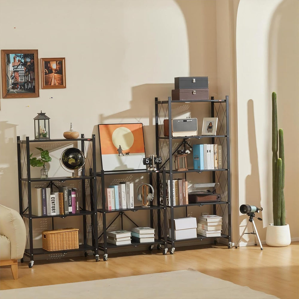DEANIC 4 Tier Foldable Storage Shelves with Wheels, Large Capacity Shelving U...