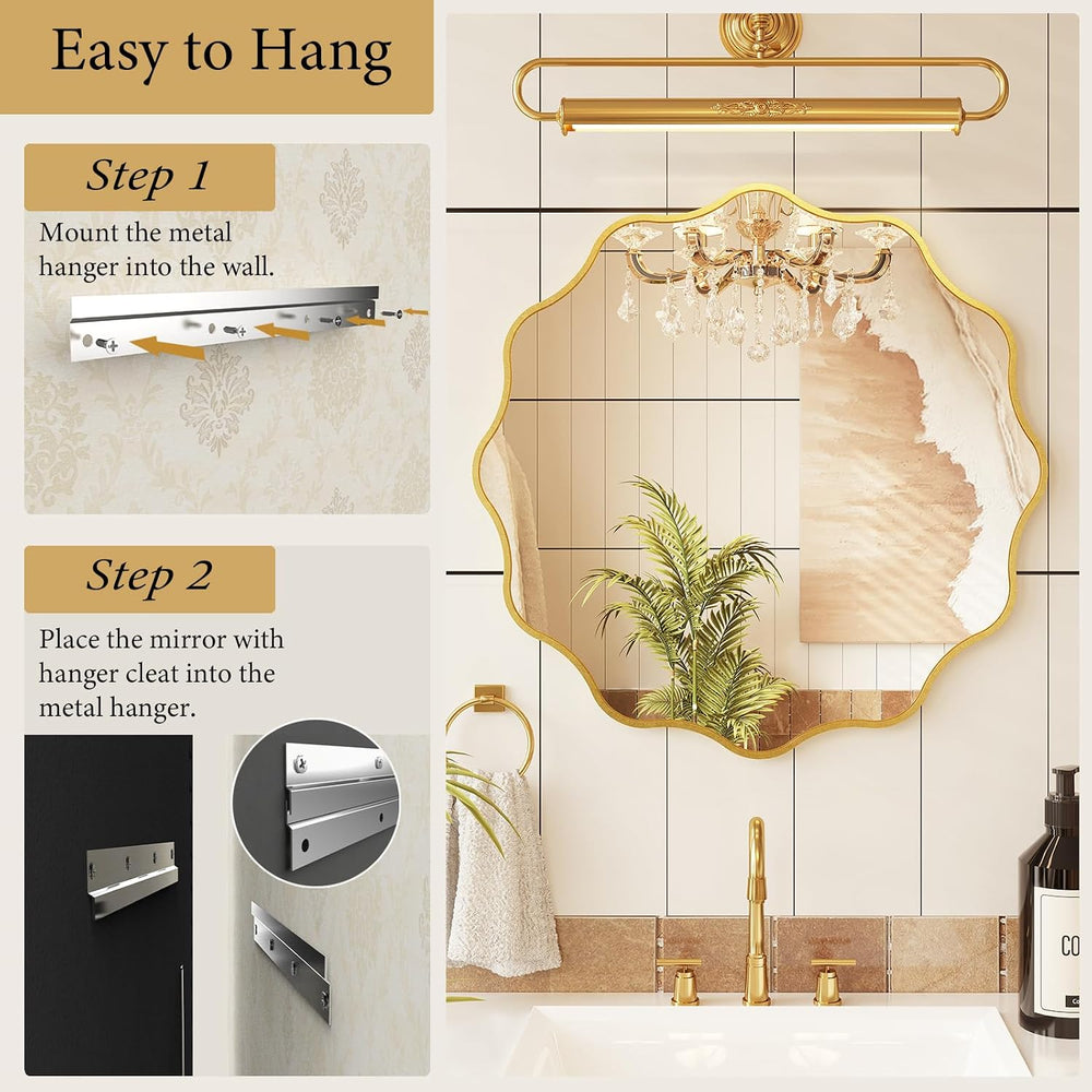 Kelly Miller 28" Gold Round Scalloped Mirror, Wavy Edge Decorative Mirror