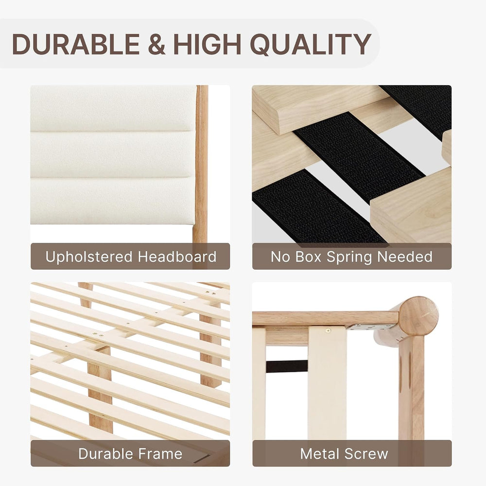 KISLOT Wood Bed Frame with Upholstered Headboard, Cream, King