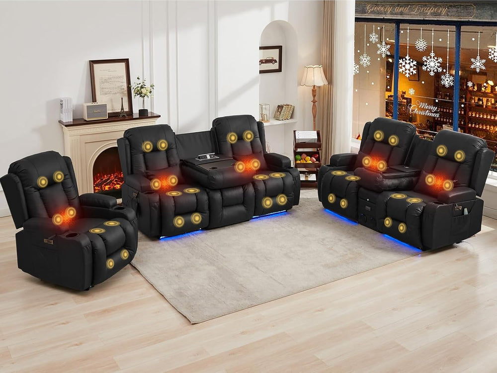 IPKIG 3-Piece Power Recliner Sofa Set with Massage and Heat, Faux Leather