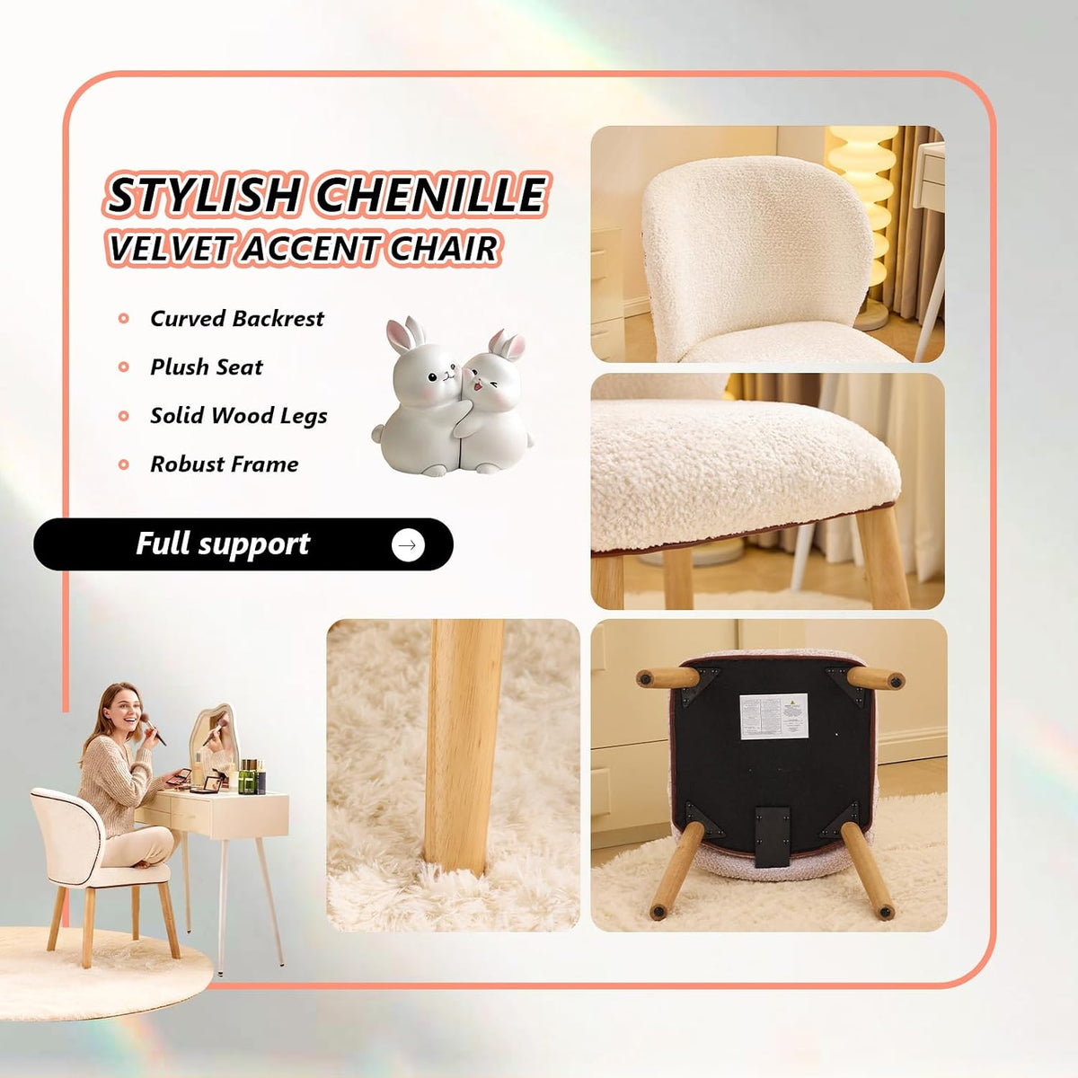 VINGLI Chenille Curved-Back Armless No Wheels Vanity Chair for Girls,Beige