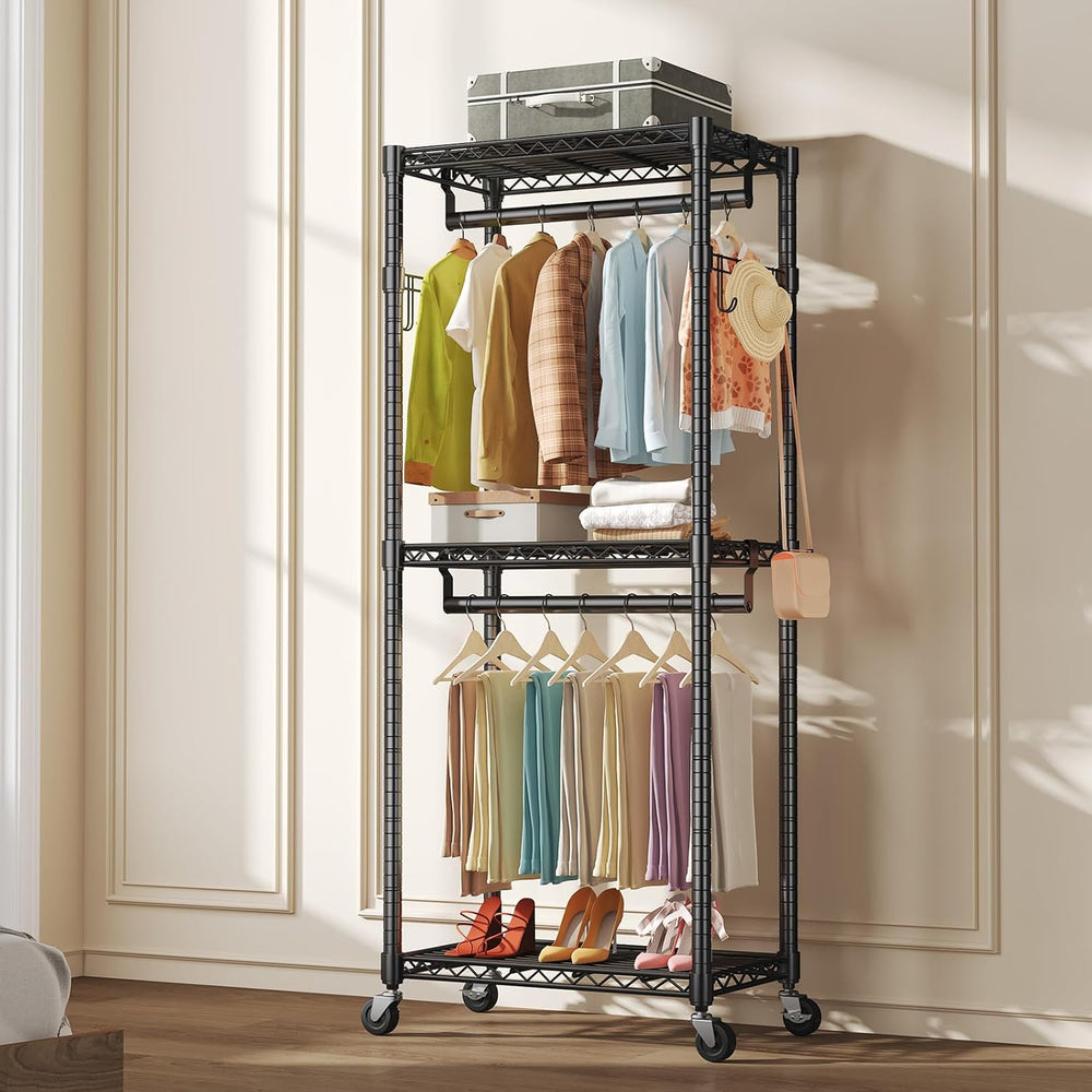 OLIXIS Rolling Clothes Rack, Heavy Duty Garment Rack, 23 IN, Metal, Black