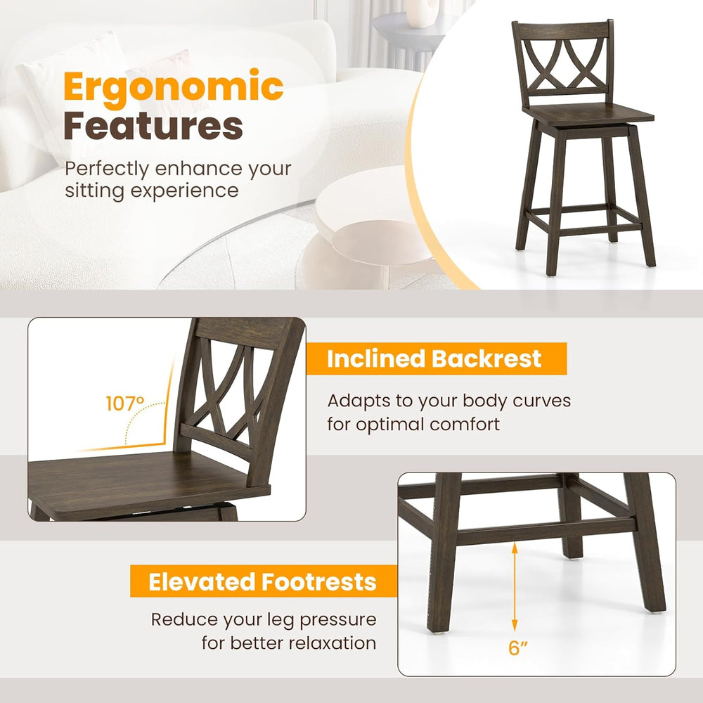 GIANTEX 24" Bar Stools Set of 2, Swivel Wooden Bar Chairs with Rubber Wo...