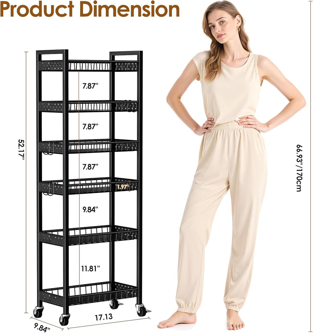 6 Tier Slim Storage Cart, Narrow Rolling Cart with Wheels, 10in(W) | Narrow Mobile Utility Shelf Unit Organizer for Kitchen, Bathroom, Laundry Room, Living Room, Small Places, Black