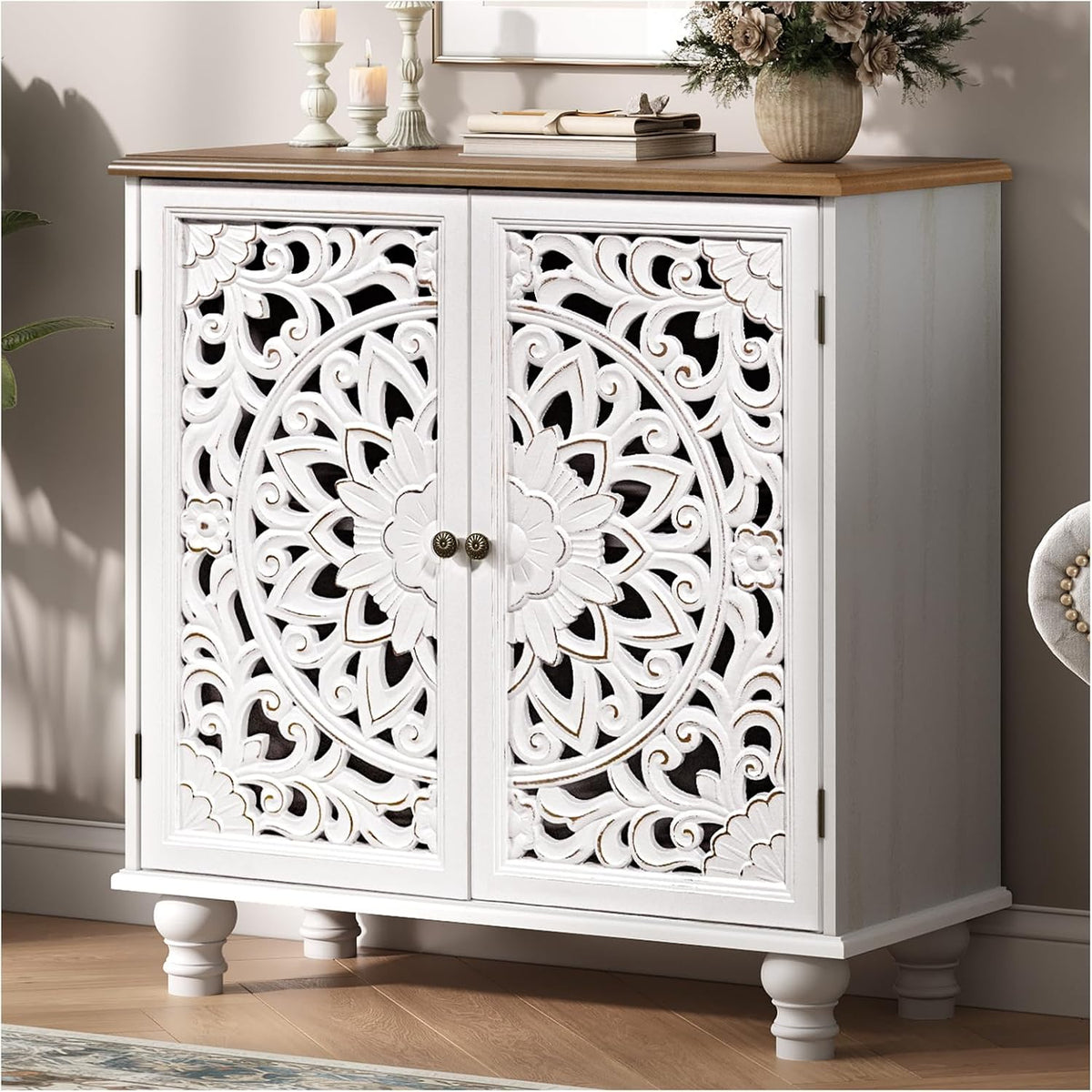 JOINICE 31" Accent Storage Cabinet with Doors for Living Room,White& Walnut