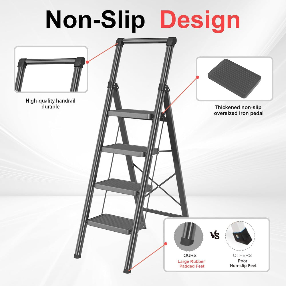 Step Ladder Foldable Folding Stool - 4 Step Stool with Wide Anti-Slip Pedal, ...