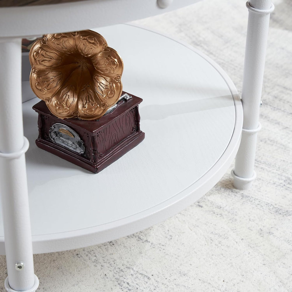 VINGLI 25.6" Round Farmhouse Coffee Table with Storage, Dark Walnut White