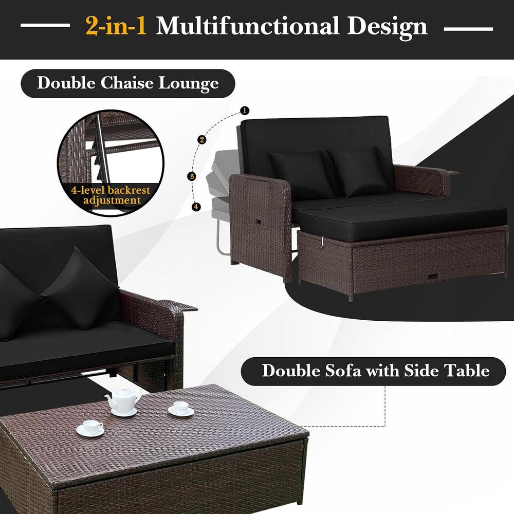 Tangkula 2-Person Patio Rattan Daybed with 4-Level Adjustable Backrest