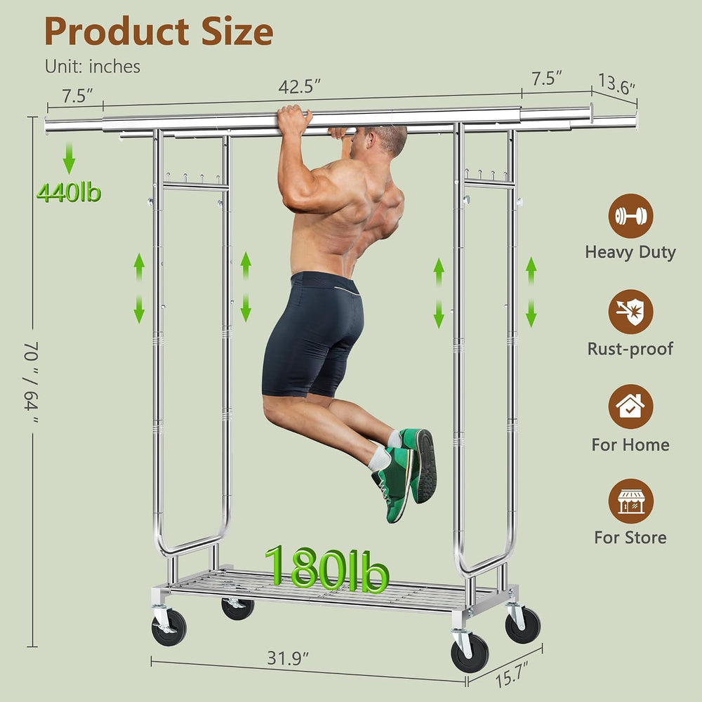 Heavy Duty Rolling Clothes Rack, 620 LBS Load Double Rod Adjustable Garment R...