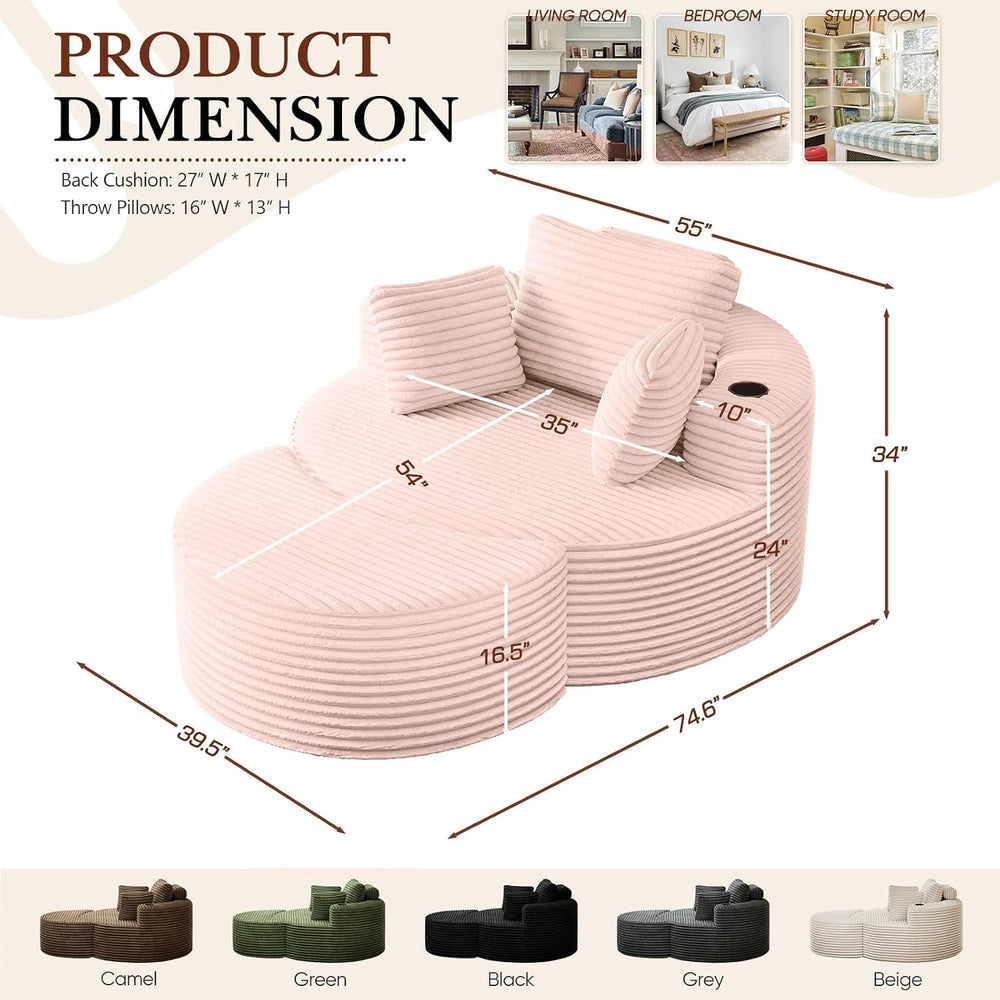Oversized Round Chaise Longue Chair with Ottoman, Modern Corduroy Deep Seat C...