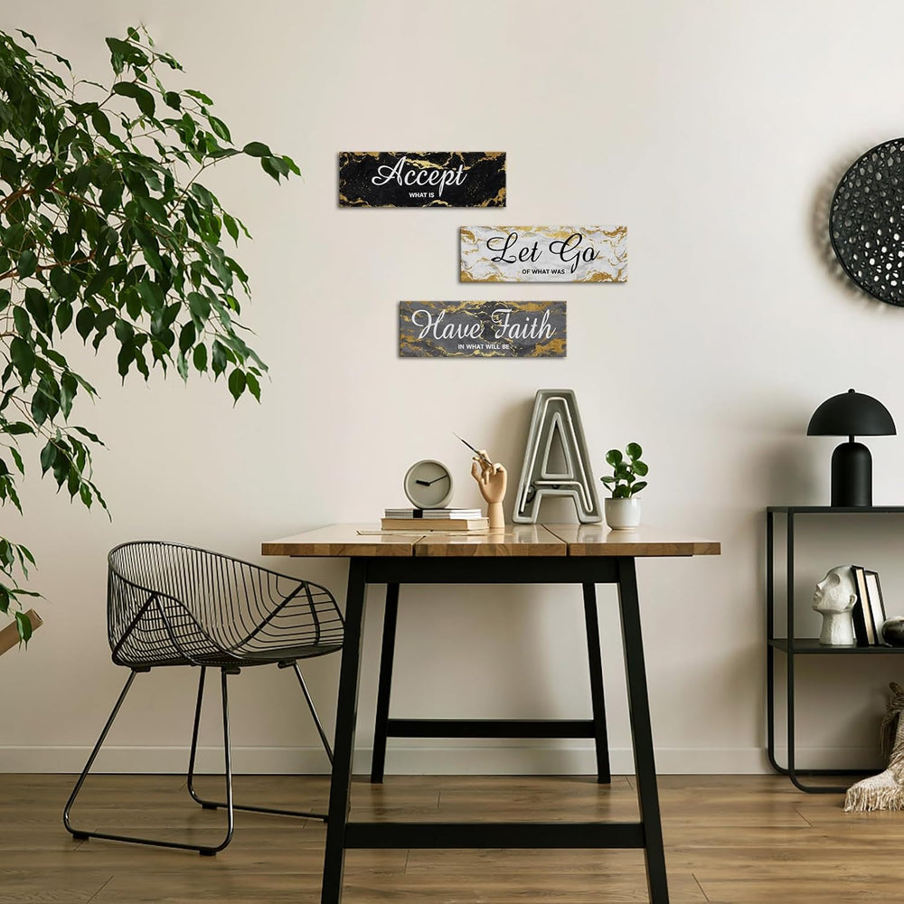 iKNOW FOTO 3 Pieces Black Grey and Gold Wall Art Accept Let Go Have Faith Bed...