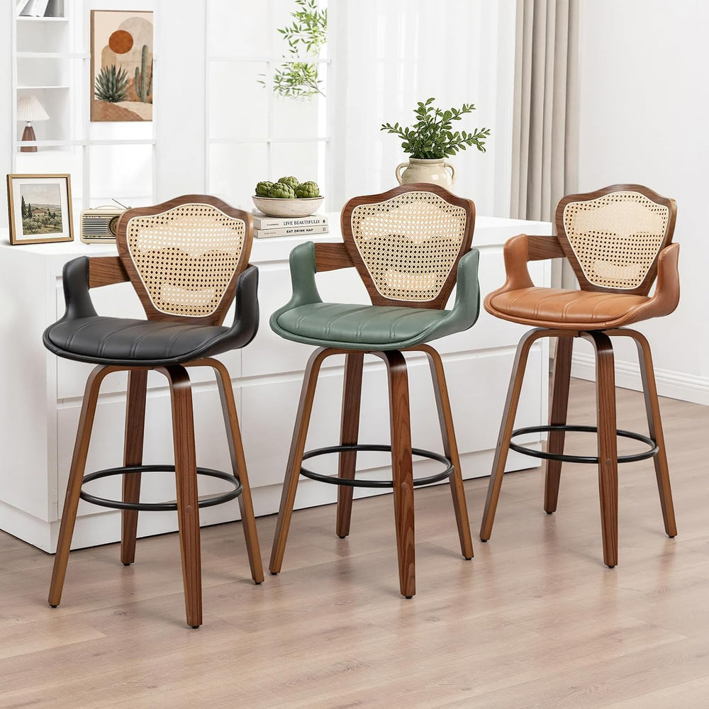 WUPOTO Mid-Century Modern Swivel Bar Stools with Supportive Rattan Back &...
