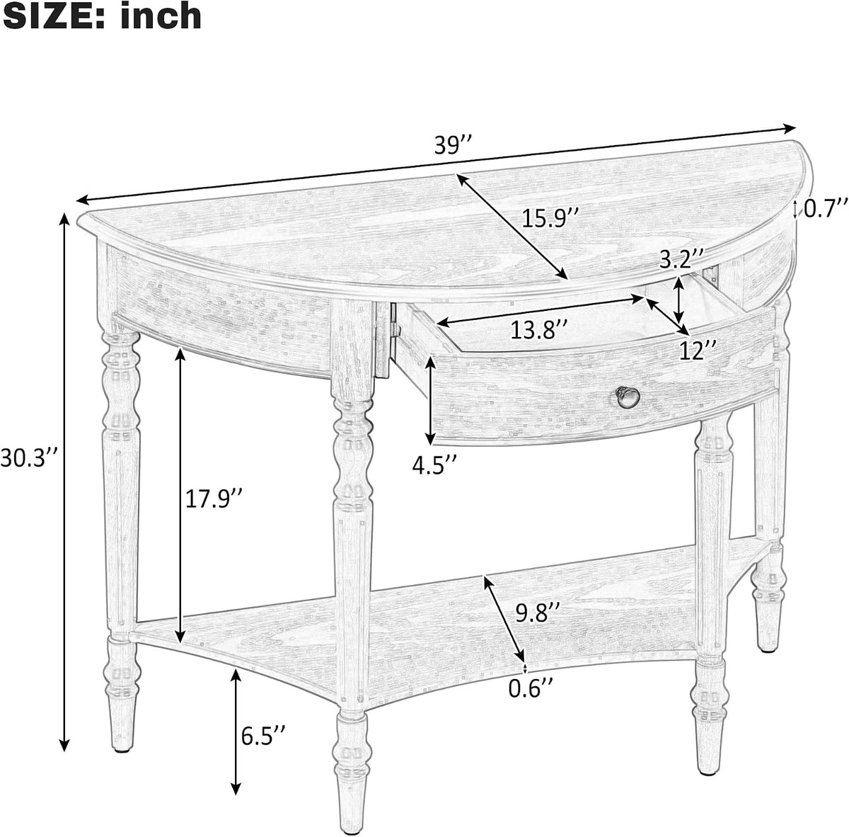 LUMISOL Half Moon Entryway Table with Drawer & Shelf, Black | Rustic Console Table for Entryway, Sofa Table Behind Couch, Farmhouse Accent Table