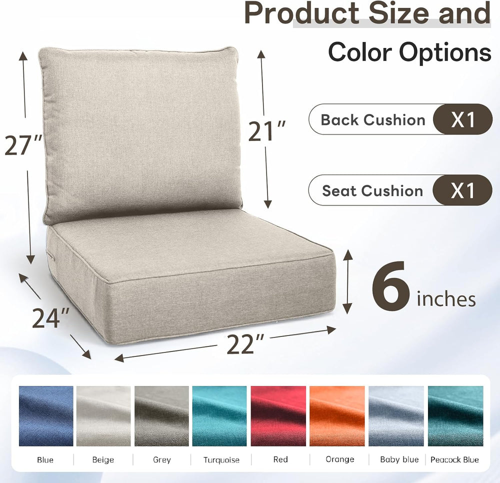 Luxury 6" Thick Outdoor Cushion Set 5 - 22x24 Patio Furniture Cushions w...