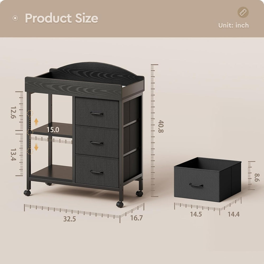 Yetom Changing Table, 3 Drawers&2 Shelves, Changing Table Dresser, Black