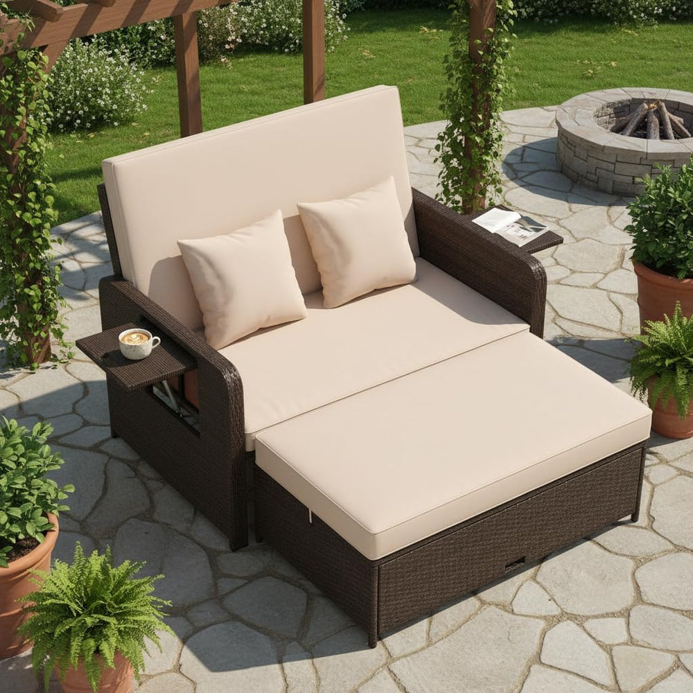 Tangkula 2-Person Patio Rattan Daybed with 4-Level Adjustable Backrest