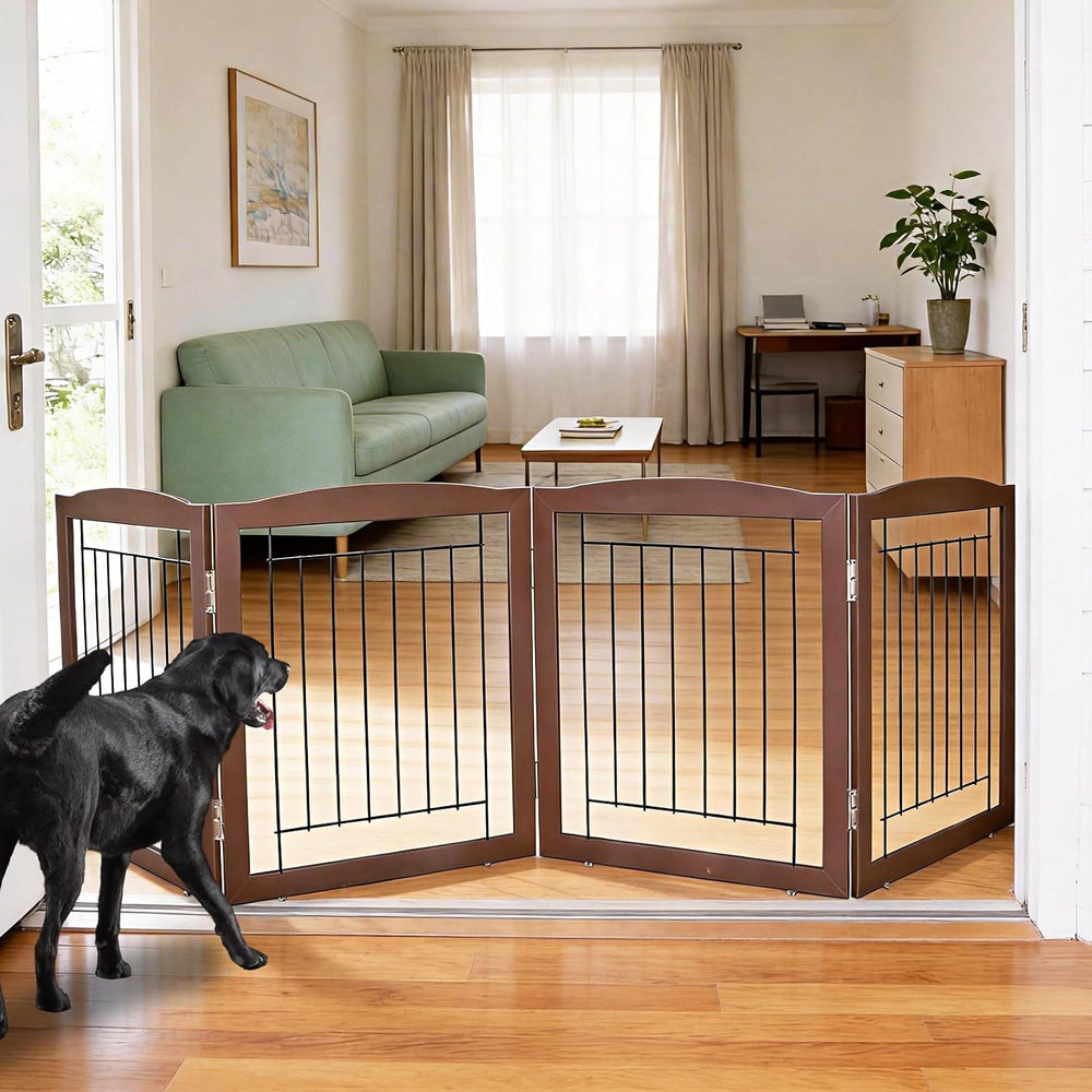 ZJSF Freestanding Foldable Dog Gate for House Extra Wide Wooden Brown Puppy G...