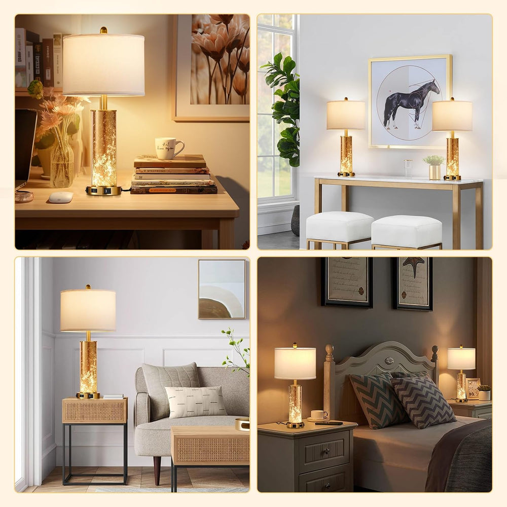 25.6" Gold Table Lamps Set of 2, Tall Bedside Lamps with Nightlight, Mod...