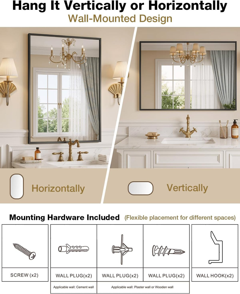 24"x32" Black Rectangle Bathroom Mirror for Over Sink, Wall Mounted