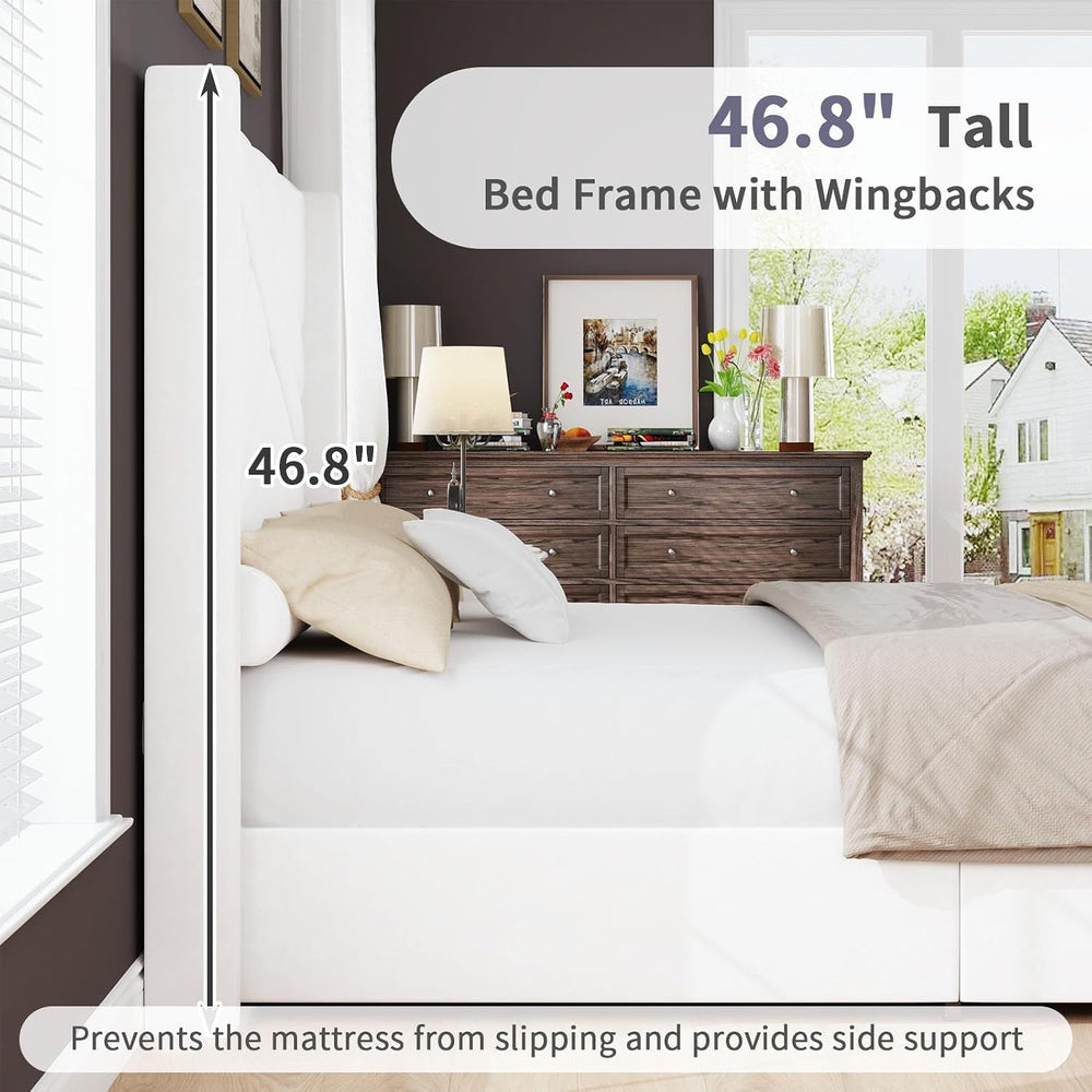 BarnFurin Full Size Bed Frame with Tall Geometric Wingback Headboard, Cream W...