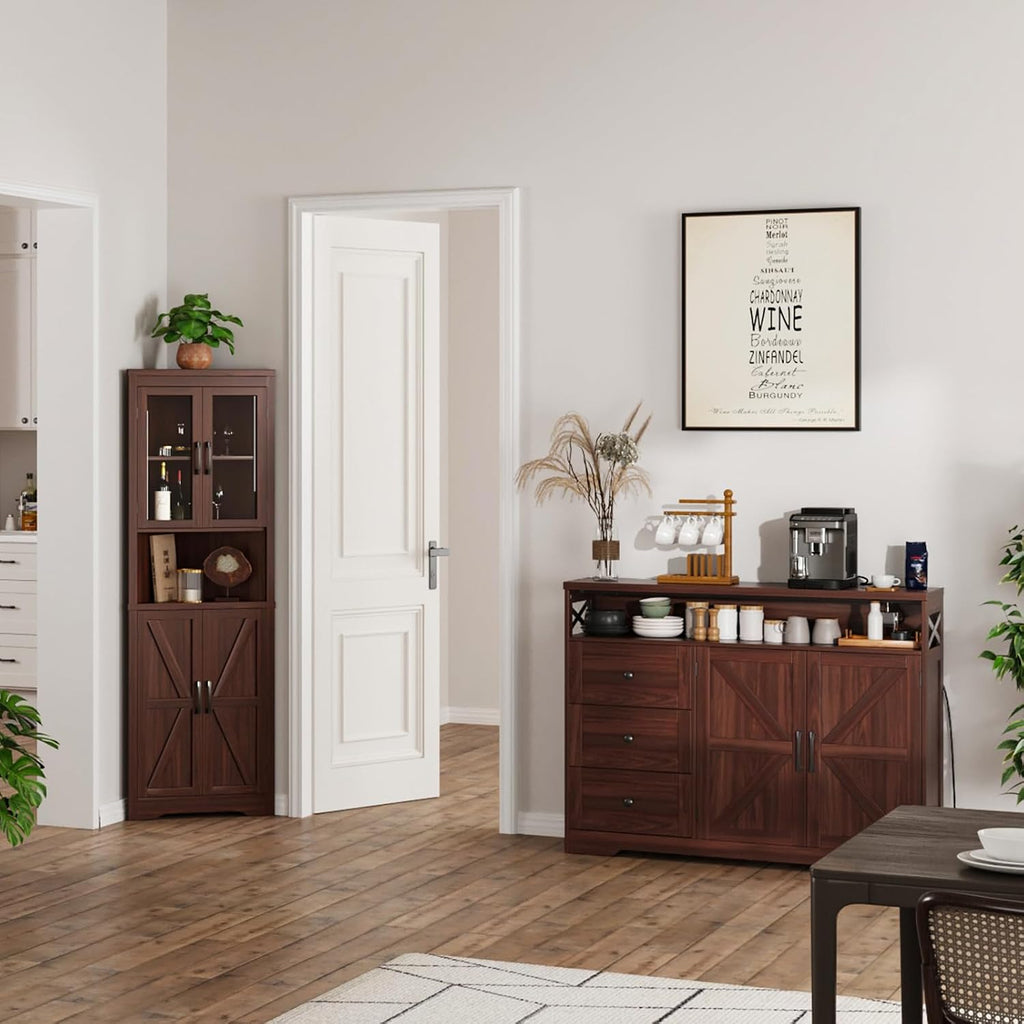 47" Dark Brown Farmhouse Storage Cabinet with Barn Doors and Drawers