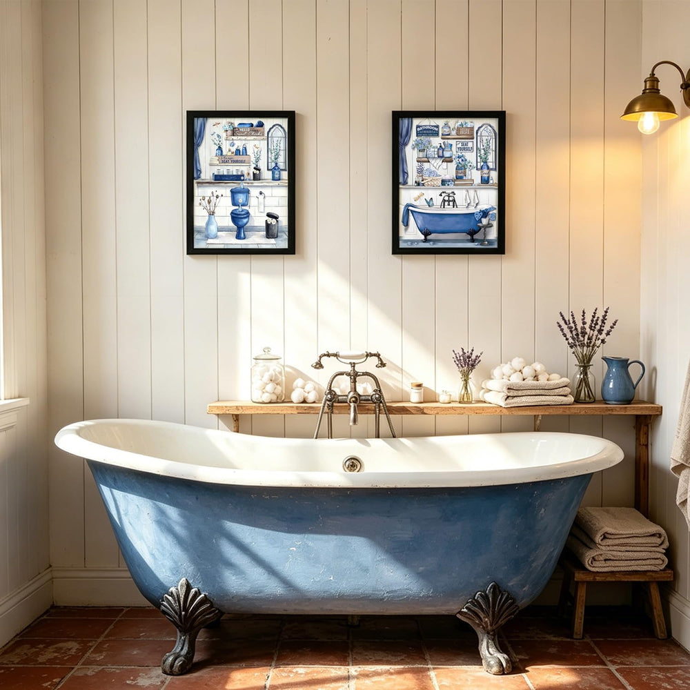 LDXCJXOR Blue Farmhouse Bathroom Wall Art, 2-Piece Black Framed Canvas Painti...