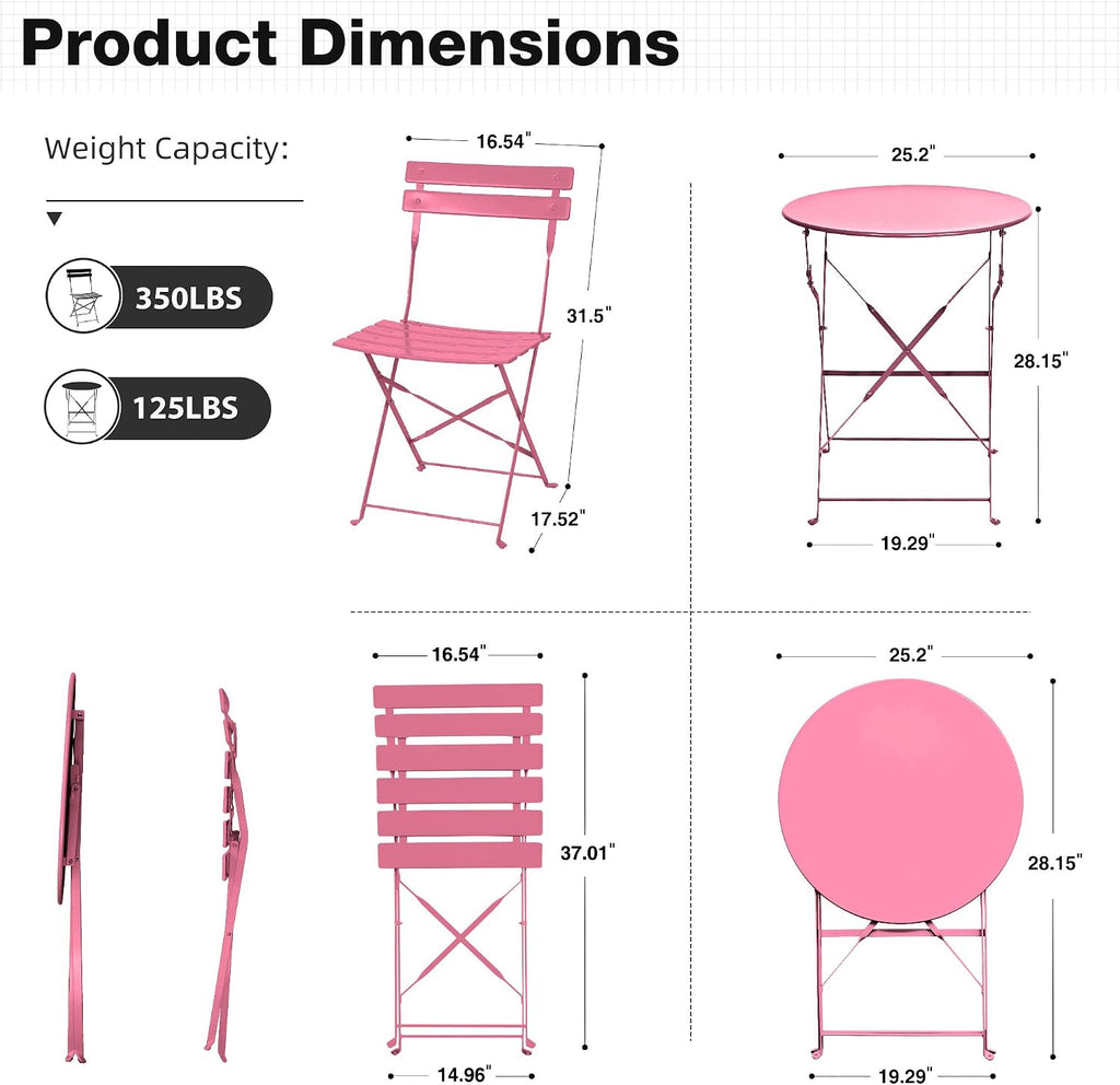 3 Pieces Bistro Set, Patio Table and Chairs Set,Rose Red