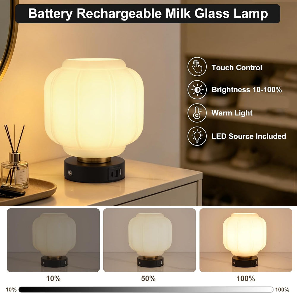 Rechargeable Table Lamp, Cordless Milk Glass Bedside Lamp Small