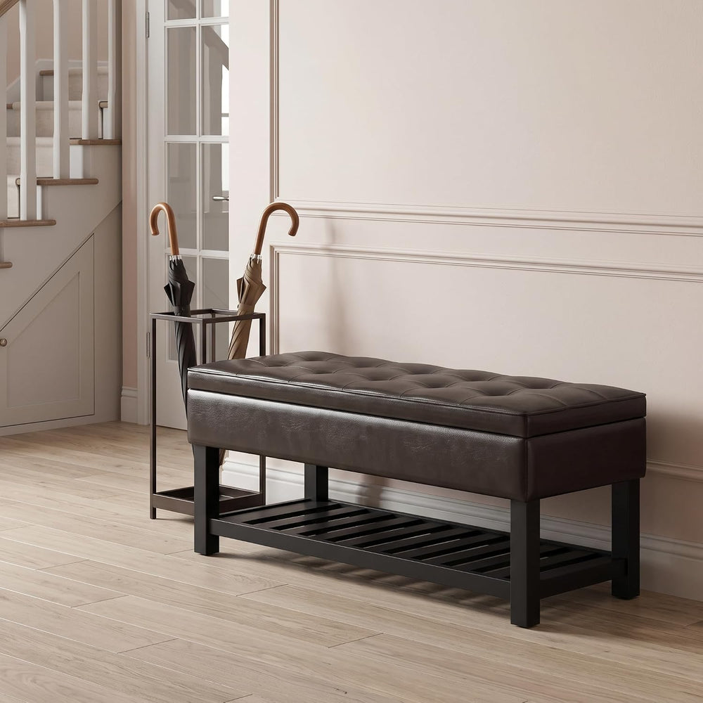 SIMPLIHOME Cosmopolitan 44" Wide Vegan Leather Storage Ottoman in Brown