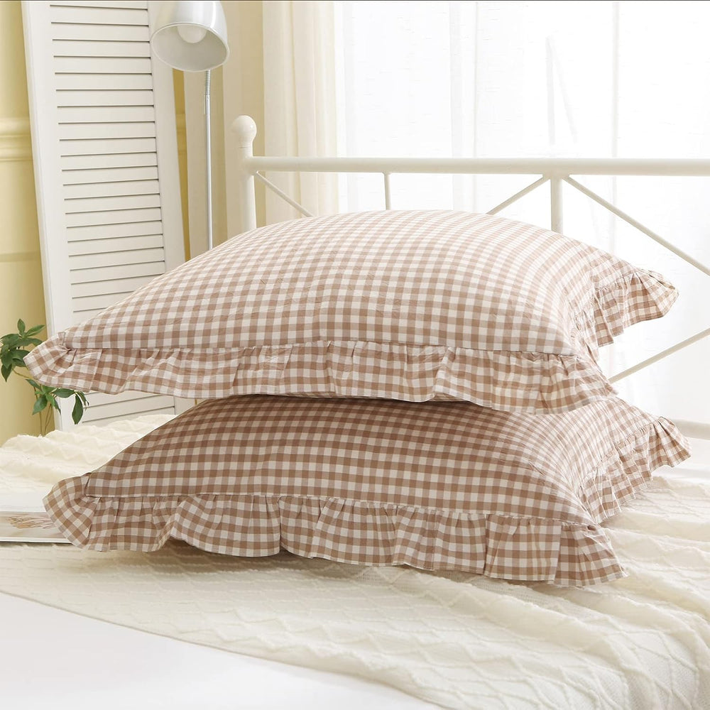 2 Pack Taupe White Gingham Ruffle Euro Pillow Shams 26''x26''