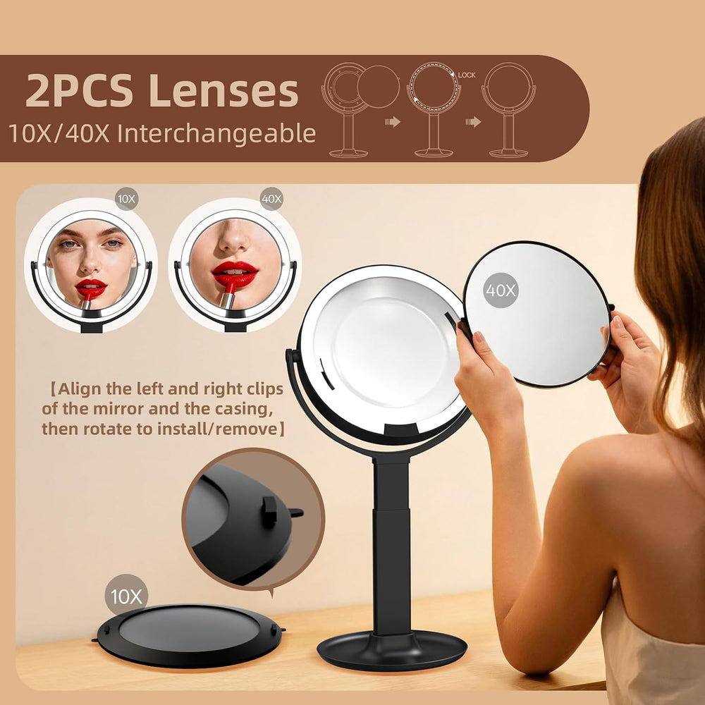 2-Sided LED Makeup Magnifying Mirror, Replaceable Magnifying Lenses-40X&10X