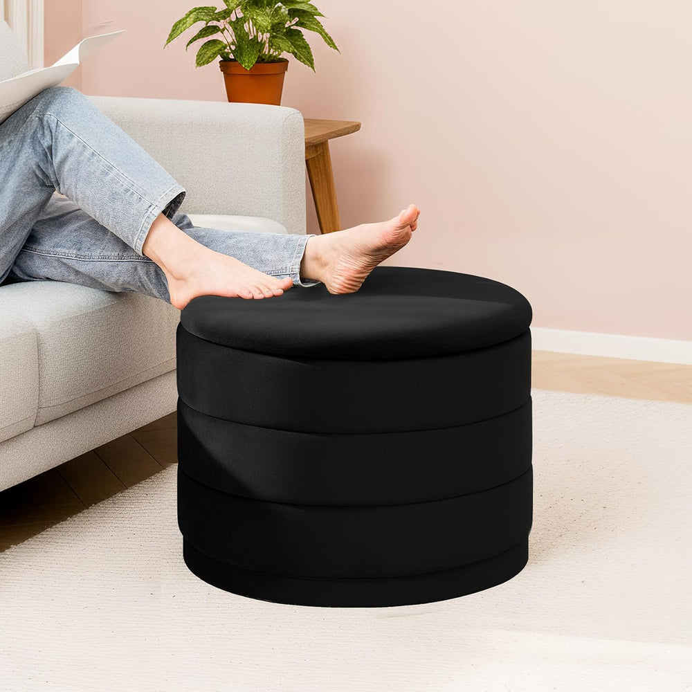 Round Storage Ottoman, 22.8 Velvet Footstool, Black