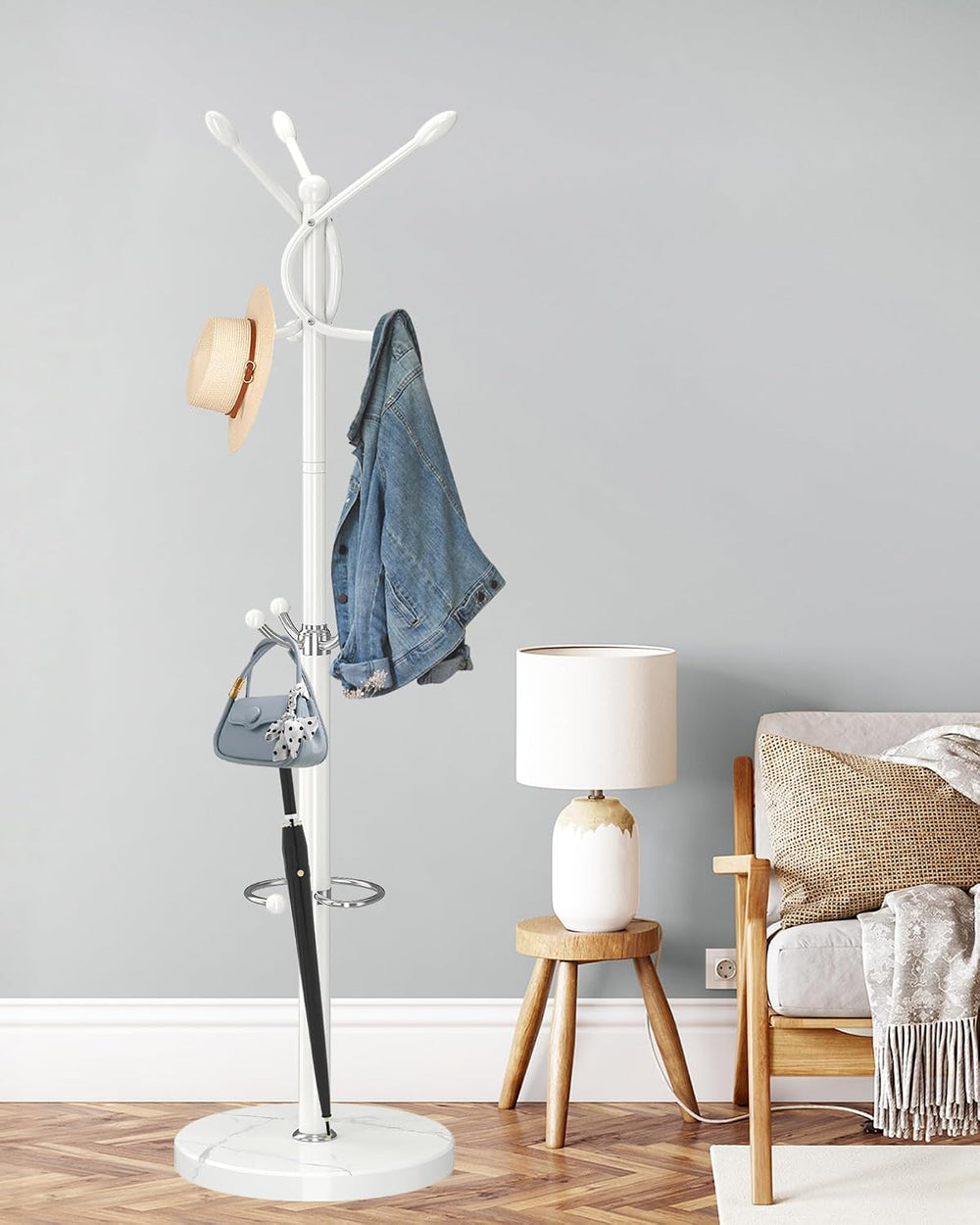 ZOZOE Coat Rack Stand with 10 Hooks Marble Base & Umbrella Holder