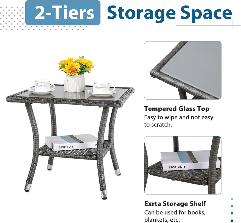Super Patio Outdoor Side Table, Wicker Patio Coffee Table w/Glass Top, Gray