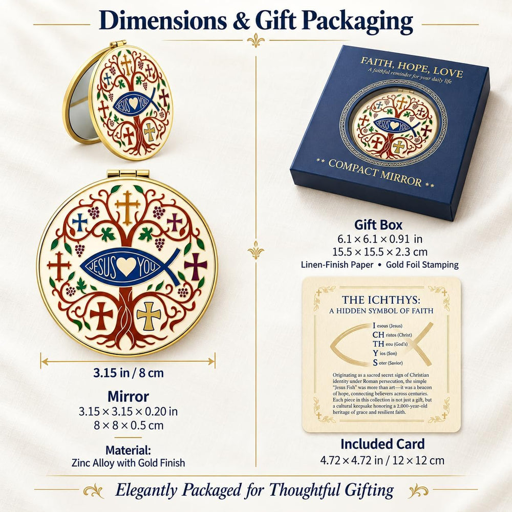 Christian Compact Mirror, 1X/2X Magnification, Gold-Tone, Gift Box & Card
