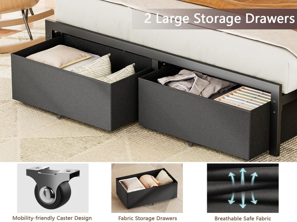 Furnulem Full Size Bed Frame with 2 Storage Drawers & Upholstered Headboard
