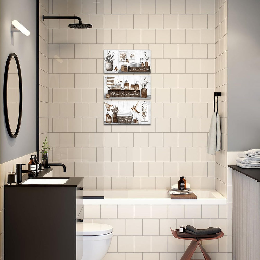 RnnJoile Farmhouse Bathroom Wall Art Set Brown Bathroom Pictures Wall Decor F...
