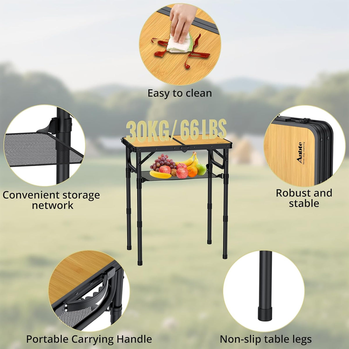 Anbte 2ft Camping Table Foldable, 24" x 16" Small Folding Table Portable