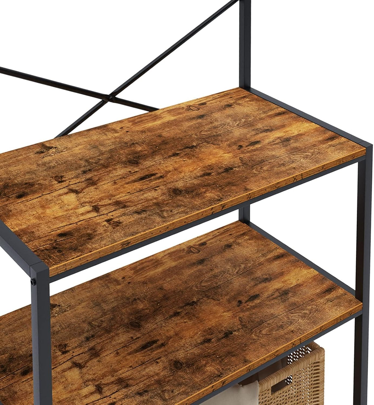 soges Kitchen Baker's Rack, 4-Tier Design, Microwave Stand, Rustic Brown, Utility Organizer, Mesh Bottom Panel, Free Standing with 5 Hooks